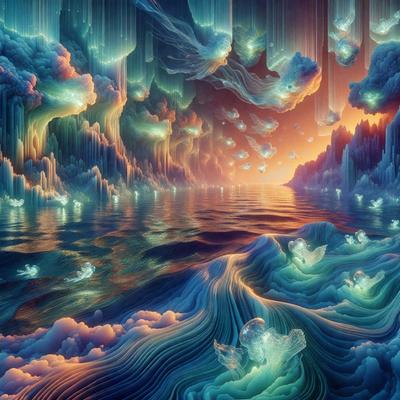 The primary subject of the image is a vibrant and colorful underwater scene. The setting is a vast ocean filled with various sea creatures, including fish and other aquatic animals. The visual style of the image is digital art, with a combination of vivid colors and intricate patterns. The overall atmosphere of the image is lively and dynamic, capturing the beauty and diversity of the underwater world.